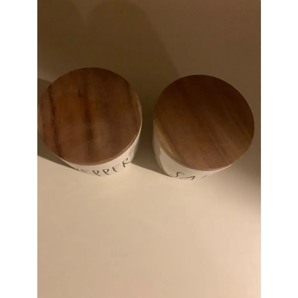 Rae Dunn Ceramic Salt and Pepper Cellars with wood lids